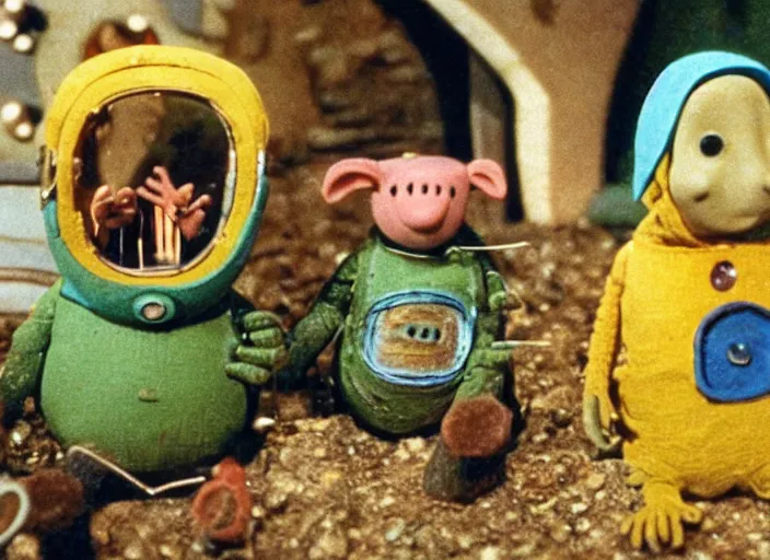 Prompt: a scene from a 1 9 7 0 s british kids tv programme by the bbc and oliver postgate, stop motion animation, the clangers, vhs distortion, folk horror