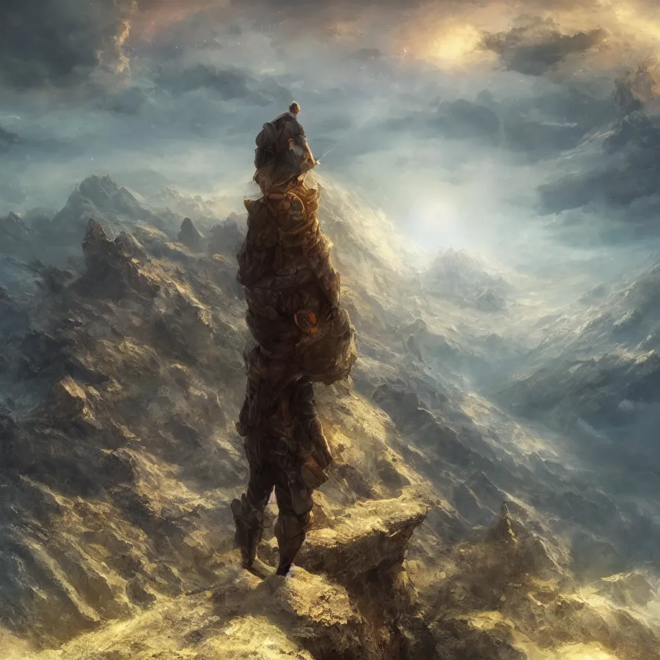 Image similar to man standing on edge of the mountain, galaxy in the sky,digital art, concept art, fantasy art, highly detailed, HD wallpaper, artstation, Deviantart, abeyance