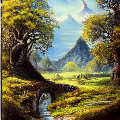 Image similar to painting lord of the rings idyllic landscape, forrest, tower