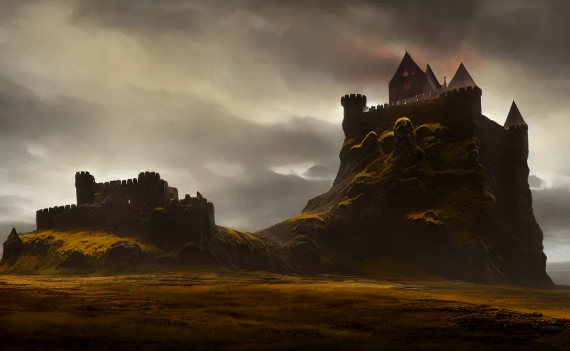 Image similar to wide angle shot of an old castle on an icelandic hill with moody and cinematic lighting by greg ruthkowski and craig mullins and caspar david friedrich, cinematic and atmospheric, concept art, artstation, trending on artstation