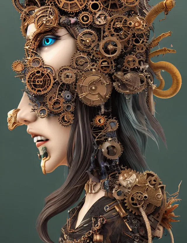 Image similar to 3 d goddess close - up profile steampunk portrait ram skull. beautiful intricately detailed japanese crow kitsune mask and clasical japanese kimono. betta fish, jellyfish phoenix, bio luminescent, plasma, ice, water, wind, creature, artwork by tooth wu and wlop and beeple and greg rutkowski