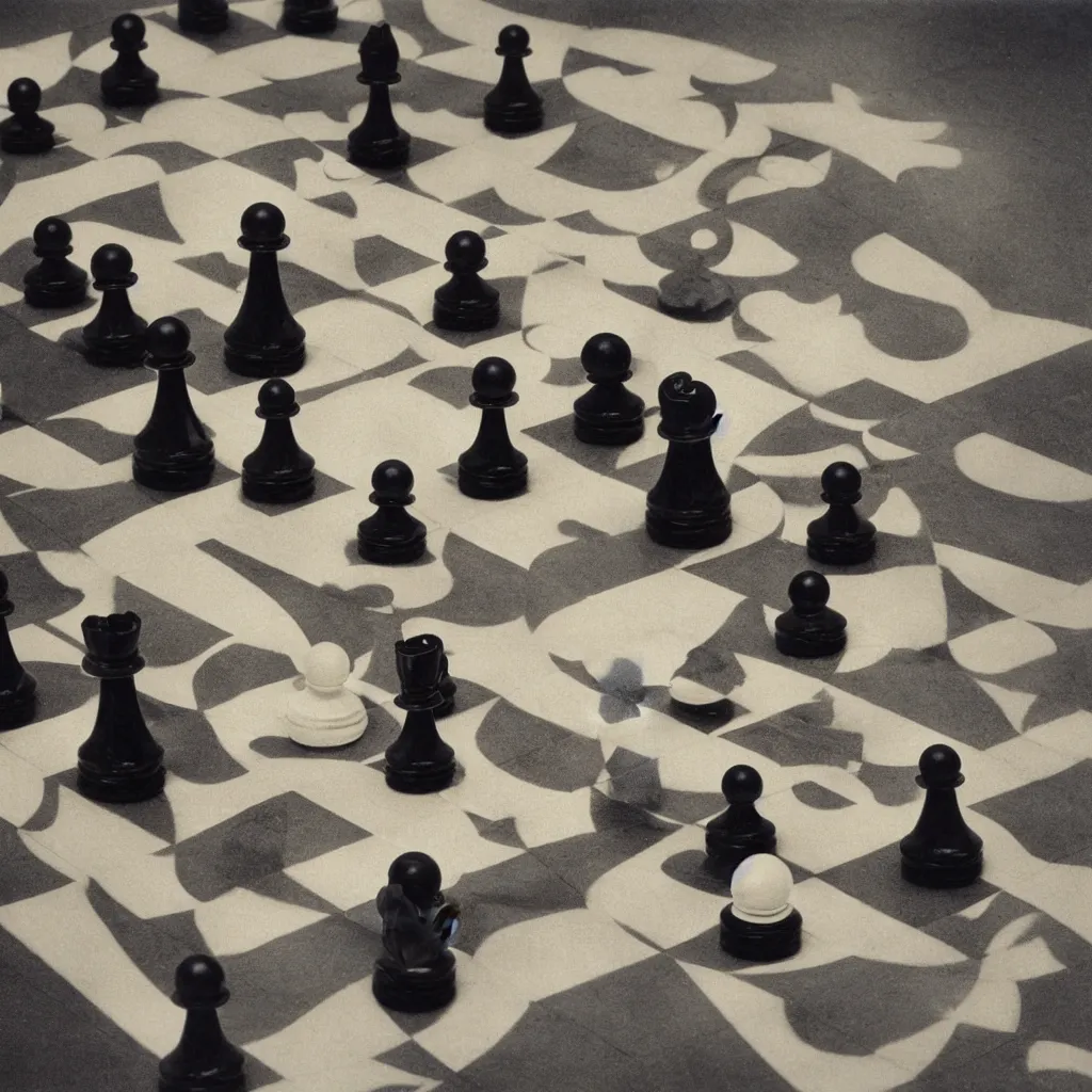 Prompt: A chess readymade connected to a machine, Marcel Duchamp, Irving Penn, Rinko Kawauchi, cyberpunk, 1919