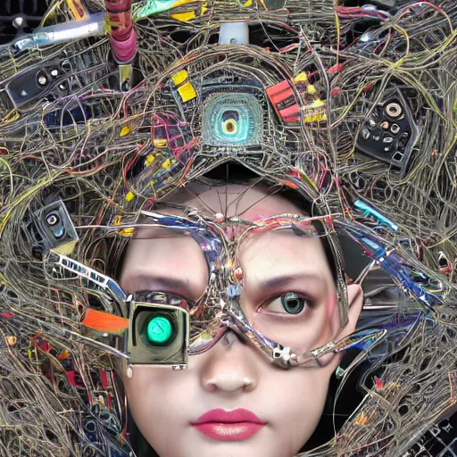 Image similar to deeper into the metaverse we go, piles of modular synth cables mixed with roots, kawaii puerto rican goddess swimming up wearing a headpiece made of circuit boards, by cameron gray, wlop, stanley kubrick, masamune, hideki anno, jamie hewlett, unique perspective, trending on artstation, 3 d render, vivid