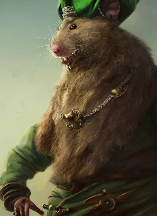 Image similar to humanoid rat with beard, serious, mean eyes, wearing jewelry, tricorne hat, green robe, D&D, digital art, detailed face, highly detailed, trending on artstation, 4k, sea in the background, art by greg rutkowski