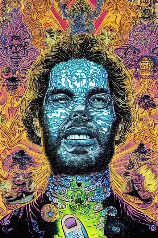 Image similar to a man tries a tab of LSD acid for the first time and hallucinates, by jack kirby, alex grey and dan hillier, colorful flat design, hd, 8k