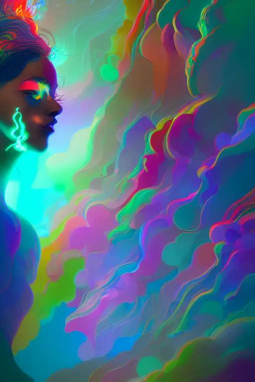 Image similar to colorful smoke forming silhouettes of faces, extremely colorful psychedelic experience, dmt, psilocybin, lsd, intricate, elegant, highly detailed, digital painting, artstation, smooth, sharp focus, illustration, art by krenz cushart, hana yata, octane render, unreal engine, 8 k