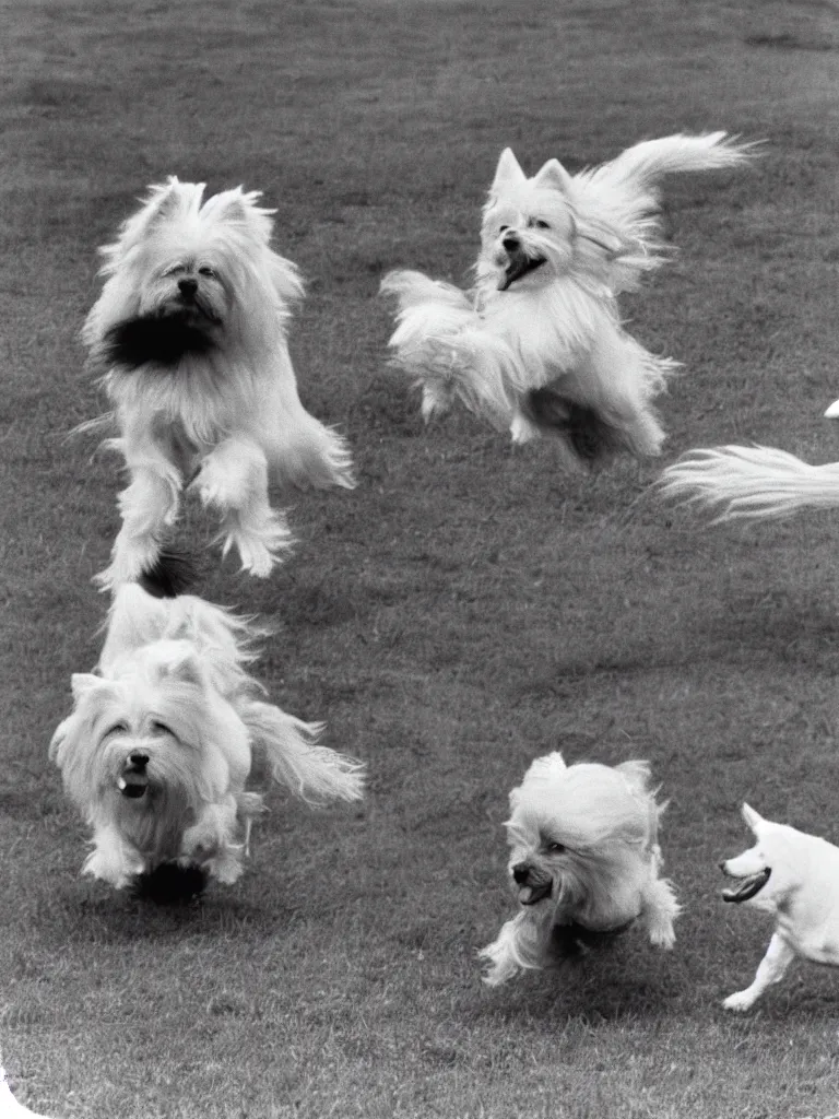 Prompt: a gray german spitz fights a white west highland terrier, disney style, 1 9 7 0 s