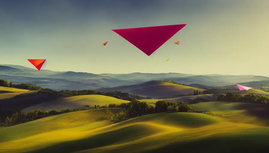 Image similar to a beautiful landscape painting, flying colorful paper planes, tuscany hills, by sam guay, moody lighting, hyperrealism, 4 k, octane render