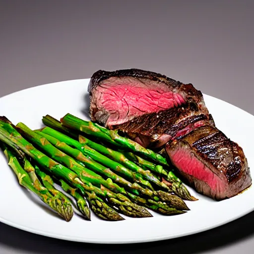 Prompt: Steak and asparagus, HD, studio lighting, 8K, hyper realistic, michelin 5 star, award winning photo