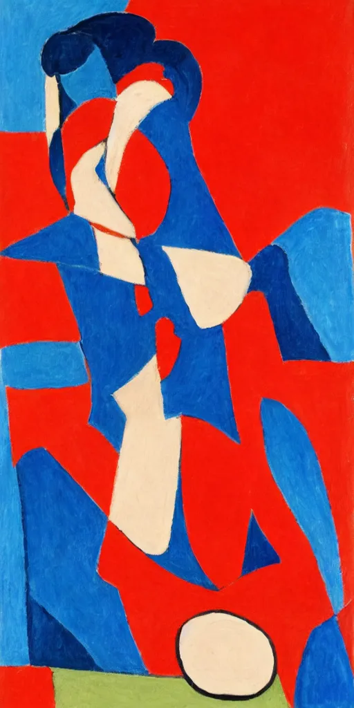 Image similar to portrait of someone who has chest pains, they are coughing, clogged, they have fear, pain, burning, in the style of Matisse and a red and cerulean blue theme