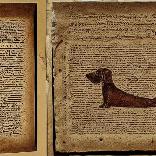 Prompt: fragment of dead sea scrolls with hebrew writing and drawing of a dachshund