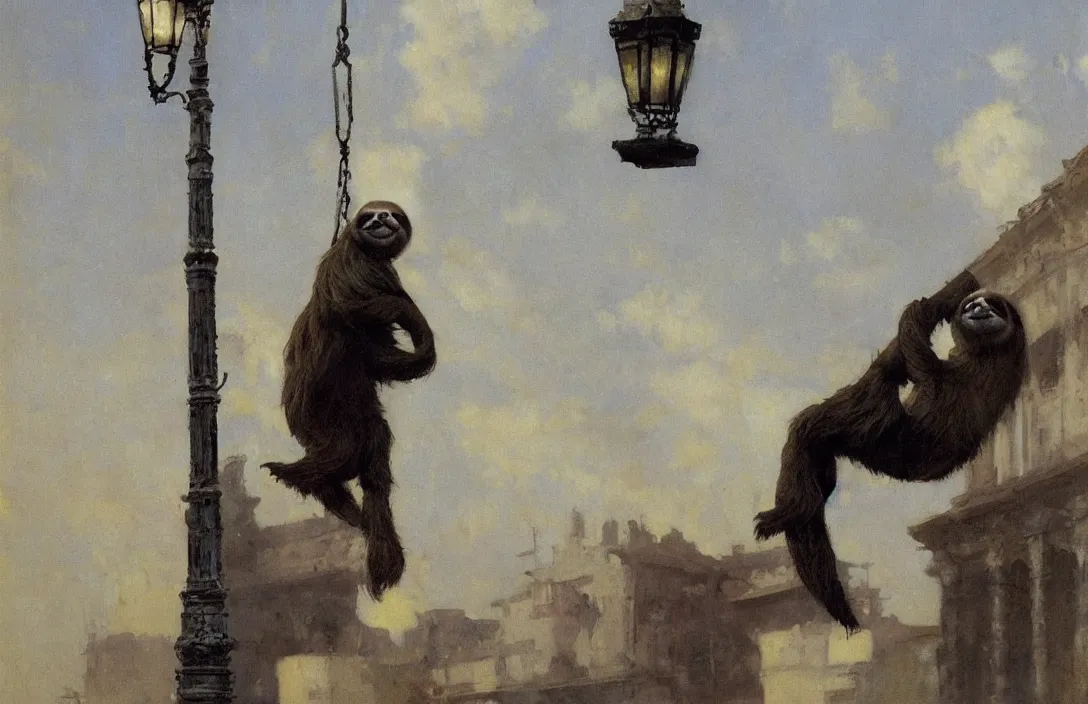 Prompt: a sloth hanging on a lamp post, detailed painting, epic lighting, by ilya repin, phil hale and kent williams