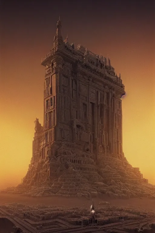 Image similar to sci - fi concrete alien eldritch demonic baroque rococo gothic architecture in hell, babylonian, ziggurat, zaha hadid, beksinski, wayne barlowe, oil painting, photoreal, highly detailed, 8 k, hd, vray, artstation, cinematic matte painting, extreme detail photo quality, sunset, featured on behance