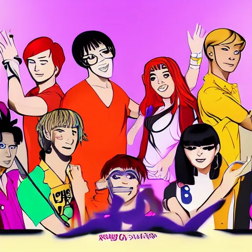 Prompt: portrait of scooby doo cast as a k-pop band, trending on art station