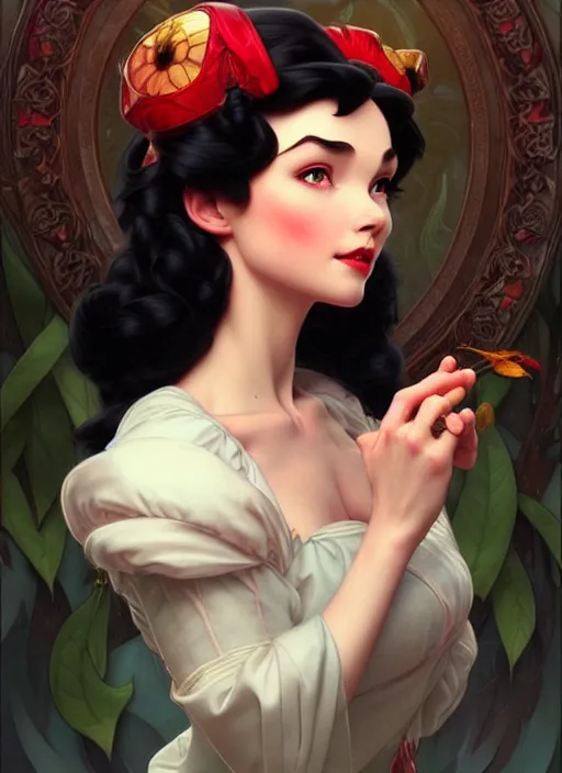 Image similar to portrait of disney snow white, intricate, elegant, highly detailed, my rendition, digital painting, artstation, concept art, smooth, sharp focus, illustration, art by artgerm and greg rutkowski and alphonse mucha and uang guangjian and gil elvgren and sachin teng, symmetry!!