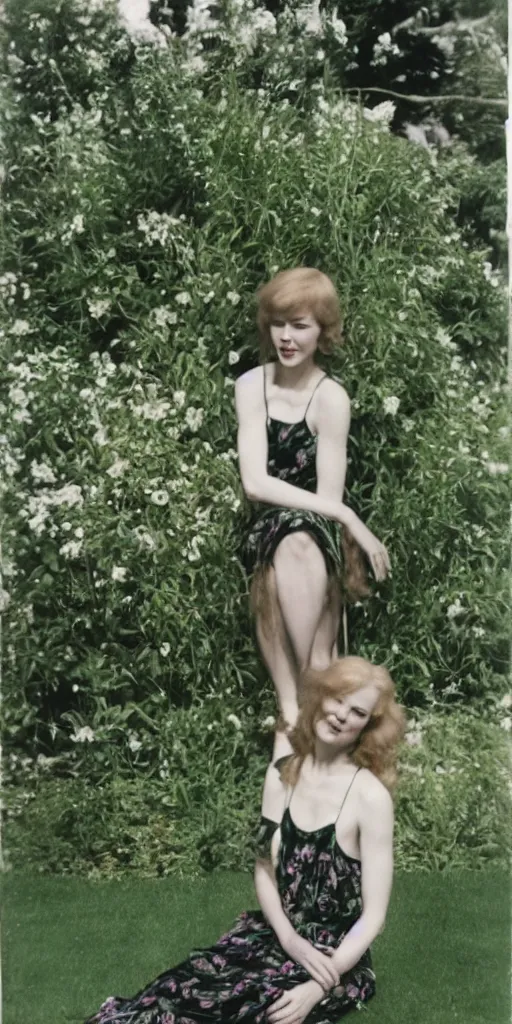Image similar to young nicole kidman, long hair, beautiful dress, 1930, out of focus, sitting in green garden
