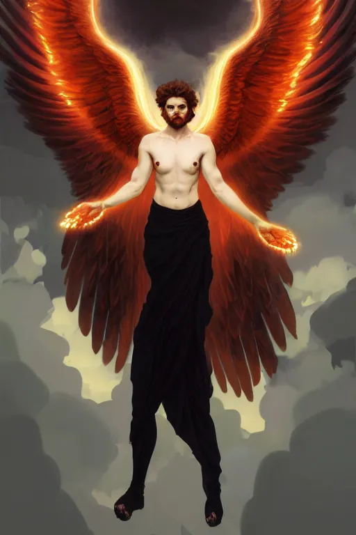 Prompt: symmetrical fullbody portrait of a beautiful young fit male angel with curly blond hairs, fulldressed in long fluent black clothes, majestic big red demonic wings, luminous fire halo, by greg rutkowski and alphonse mucha, gradient white to gold, in front of a smoky background, highly detailed portrait, digital painting, artstation, concept art, smooth, sharp focus illustration