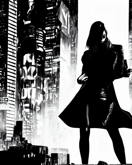 Image similar to film still from sin city, closeup portrait of megan fox private detective standing on a blade runner street corner, detailed illustration, digital art, trending on artstation, frank miller, martin ansin, comic book cover, film noir,