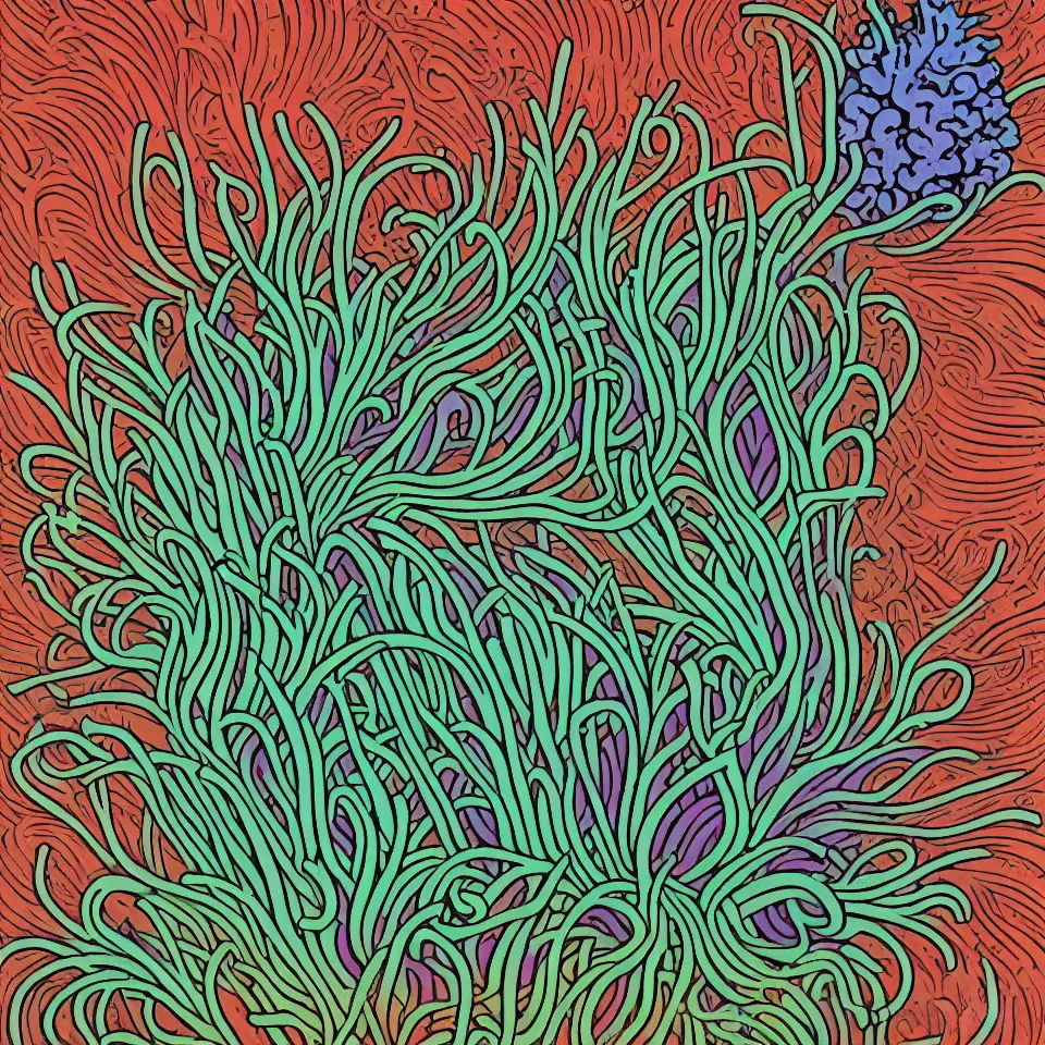 Prompt: colorful print of a coral anemone botanical artwork, multicolor lino block print, created by mike mignola, greg hildebrandt, banksy in the style of painting toon shades, colorful ink, vibrant, pastel, color vector, smooth curves, graphical, detailed, trending in art station