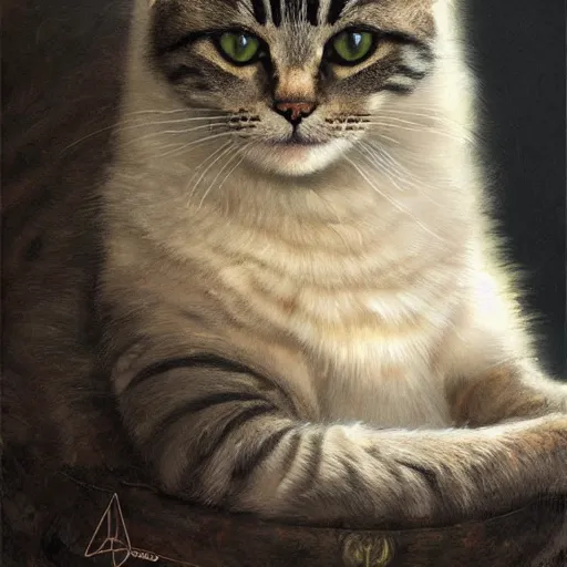 Image similar to portrait painting of a cat, ultra realistic, concept art, intricate details, eerie, highly detailed, photorealistic, octane render, 8 k, unreal engine. art by artgerm and greg rutkowski and alphonse mucha
