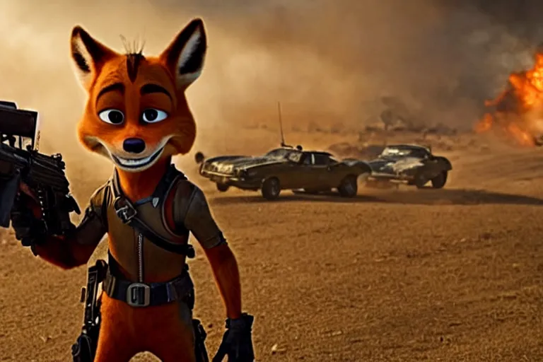 Image similar to nick wilde, heavily armed and armored facing down armageddon in a dark and gritty reboot from the makers of mad max : fury road : witness me