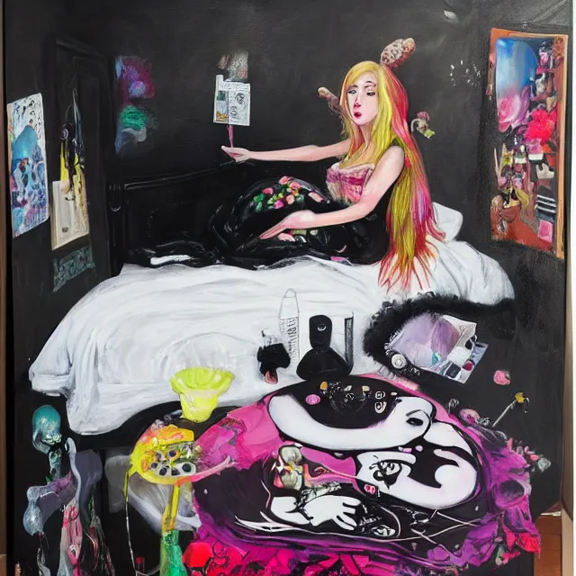 Image similar to a portrait in a female artist's bedroom, black walls, emo girl riding an inflatable pig, sheet music, berries, surgical supplies, pancakes, black flowers, sensual, octopus, neo - expressionism, surrealism, acrylic and spray paint and oilstick on canvas