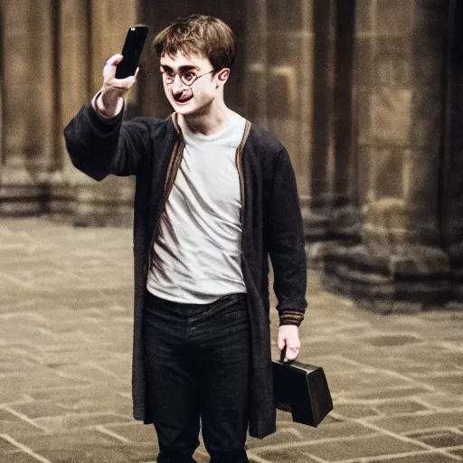 Image similar to photograph of daniel radcliffe as harry potter holding an iphone, canon mark ii, f / 1. 2, 8 k