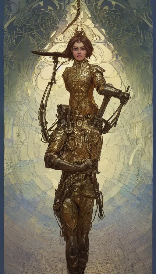 Image similar to a soldier in full armor, highly detailed, very intricate, art nouveau, gold filigree, left right symmetry, tarot concept art watercolor illustration by mandy jurgens and alphonse mucha and alena aenami, featured on artstation