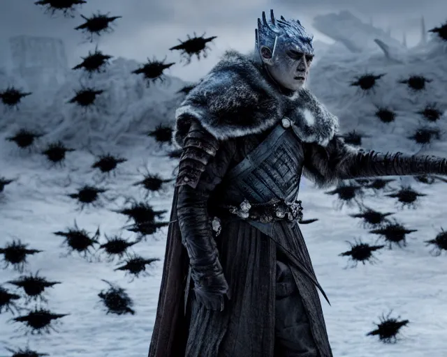 Prompt: justin sun as night king in game of thrones attacked by crimson - black bees, 4 k, epic, cinematic, focus, movie still, fantasy, extreme detail, atmospheric, dark colour, sharp focus