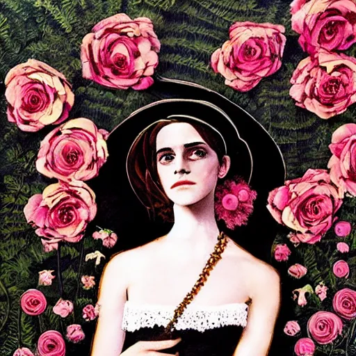 Prompt: On Construction Paper full body fashion model emma watson by Winslow Homer smokey eyes makeup eye shadow fantasy, glow, shimmer as victorian woman in a long white frilly lace dress and a large white hat having tea in a sunroom filled with flowers, roses and lush fern flowers ,intricate, night, highly detailed, dramatic lighting , high quality