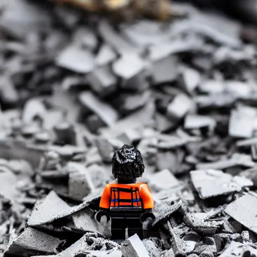 Image similar to A burned Lego figure in rubble,