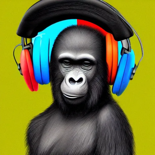 Prompt: ape wearing headphones, colorful, digital art,