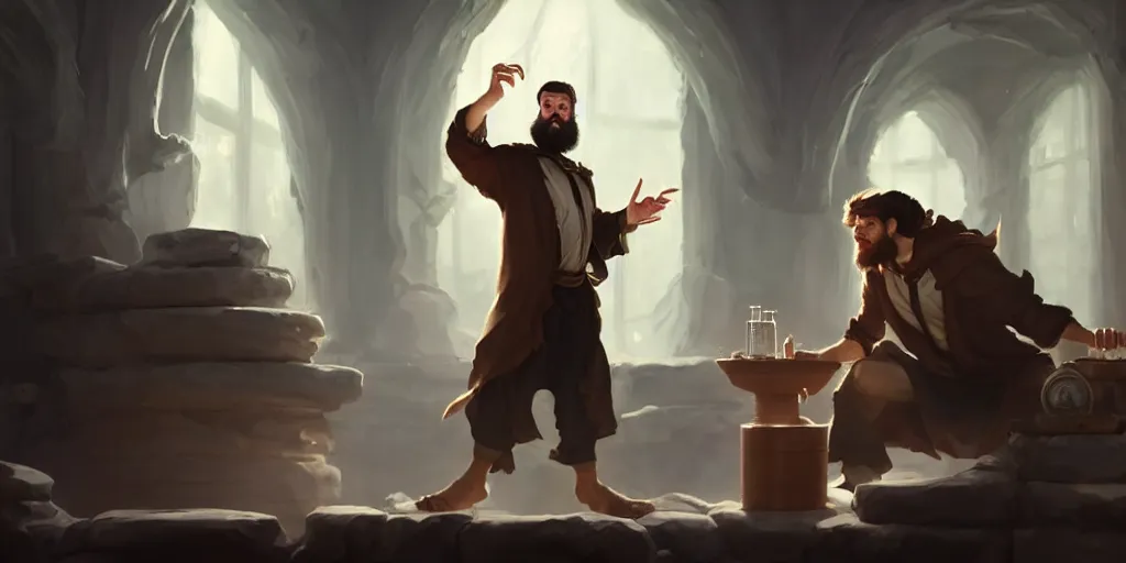 Prompt: a handsome bearded caucasian male sorcerer with brown hair he is casting a spell with flowing energy, he is in a alchemist lab filled with beakers and equipment, neutral pose, epic composition, 4 k, trending on artstation, by jason chan, greg rutkowski, rudy siswanto