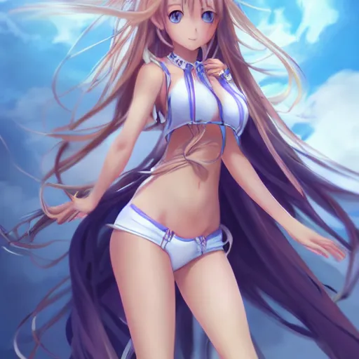 Image similar to a very beautiful yuuki asuna, full body, long wavy blond hair, sky blue eyes, full round face, bikini, miniskirt, front view, mid - shot, cute pose, highly detailed, cinematic wallpaper by stanley artgerm lau