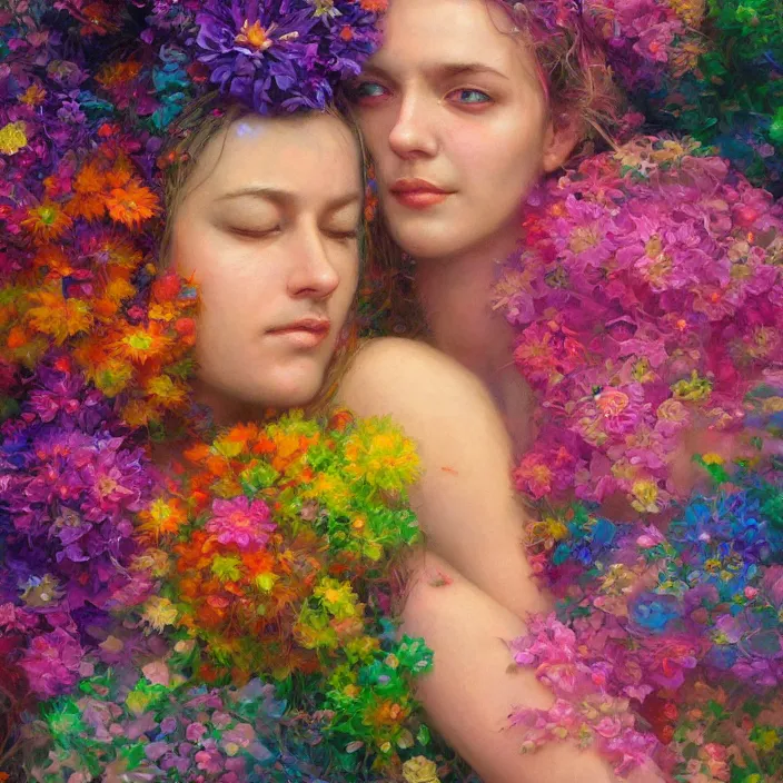 Image similar to portrait of women hugging made of colorful rainbow fractal flowers hugging , closeup character portrait art by Donato Giancola, Craig Mullins, digital art, trending on artstation