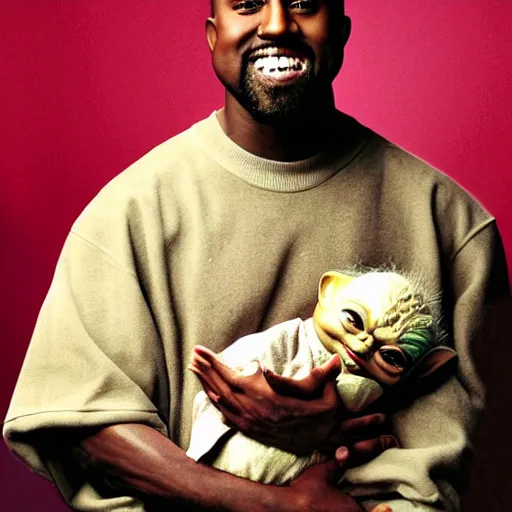Image similar to kanye west smiling and holding holding yoda for a 1 9 9 0 s sitcom tv show, studio photograph, portrait c 1 2. 0