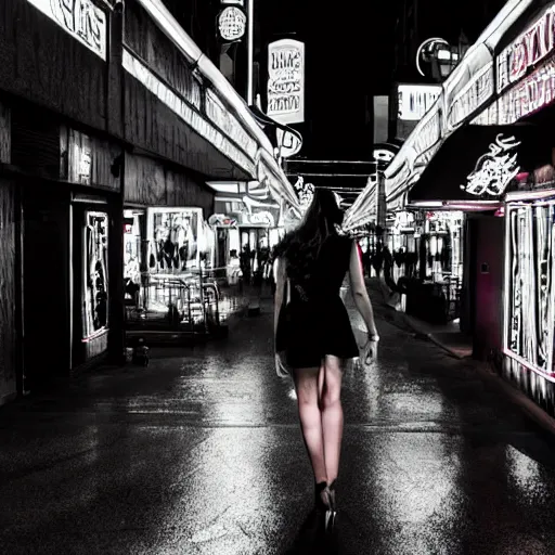 Prompt: Woman goes by night street under neon lights, noir, sin city style