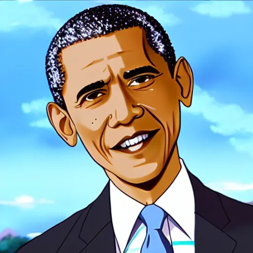 Prompt: Animation of Barack Obama in the movie Garden of Words, Koto no ha no niwa, Matoko Shinkai, beautiful, anime, colorful, animation, Japanese