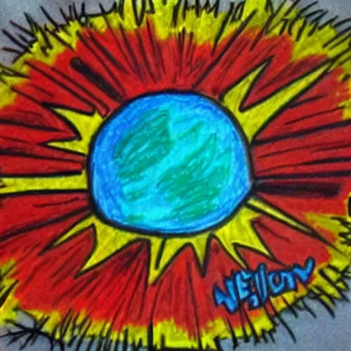 Image similar to a child's crayon drawing of a nuclear explosion