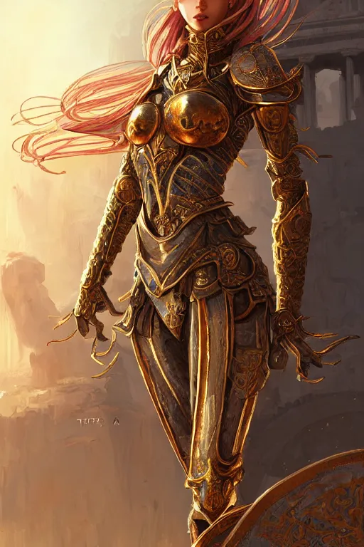 Image similar to portrait knights of zodiac girl, golden and copper shining armor, in ruined agora of athens sunrise, ssci - fi and fantasy, intricate and very very beautiful and elegant, highly detailed, digital painting, artstation, concept art, smooth and sharp focus, illustration, art by tian zi and wlop and z - - ed and ilya kuvshinov