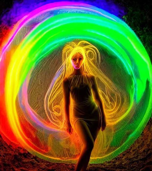 Image similar to lightpainting luminescent portrait, diffuse luminescent lightpainting, intricate halo wiccan luminescent lightpainting, elegant light, highly detailed zen neon, lifelike, fully photorealistic, artstation, luminescent concept art, smoothened, sharp luminescent focus, luminescent art by john collier, michael bosanko