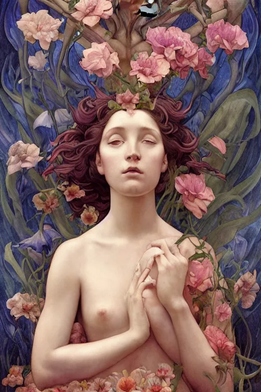 Image similar to flower maiden, by annie swynnerton and tino rodriguez and charlie bowater and tom bagshaw and nicholas roerich and jean delville and evelyn de morgan and lucien freud, dramatic lighting, floral tattoos, rich colors, smooth sharp focus, anime key visual, extremely detailed, adolf wolfli