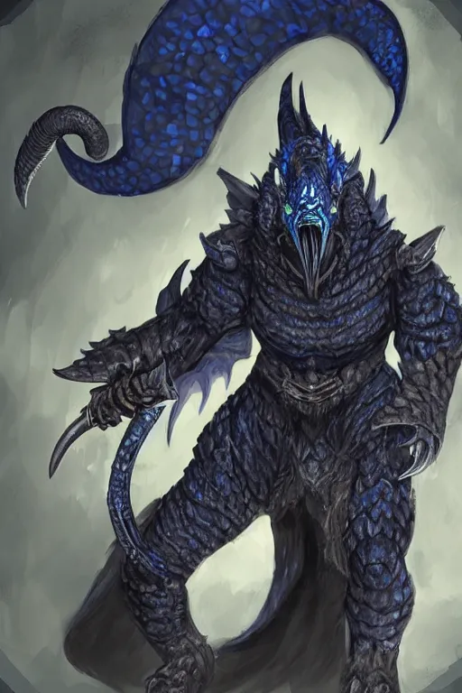 Image similar to a D&D character of a dark blue dragonborn with large tusks, blue flame burning half his face, he wears a black dragon scales armor, D&D concept art