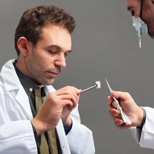 Prompt: a dentist drilling a tooth while drinking a cigrette held by his assistant