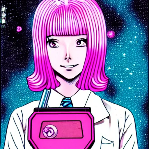 Image similar to realistic dark retro pulp sci - fi colored manga illustration of princess bubblegum by junji ito, with pink hair made of bubblegum, confident scientist performing experiments in her lab