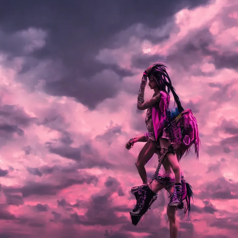 Image similar to oil painting, punk, pretty face punk back, pink, mohawks, neon, ultra detailed, contrast, clouds, sky, volumetric light, atmospheric lighting, dramatic, cinematic, moody, octane render 4 k, 8 k