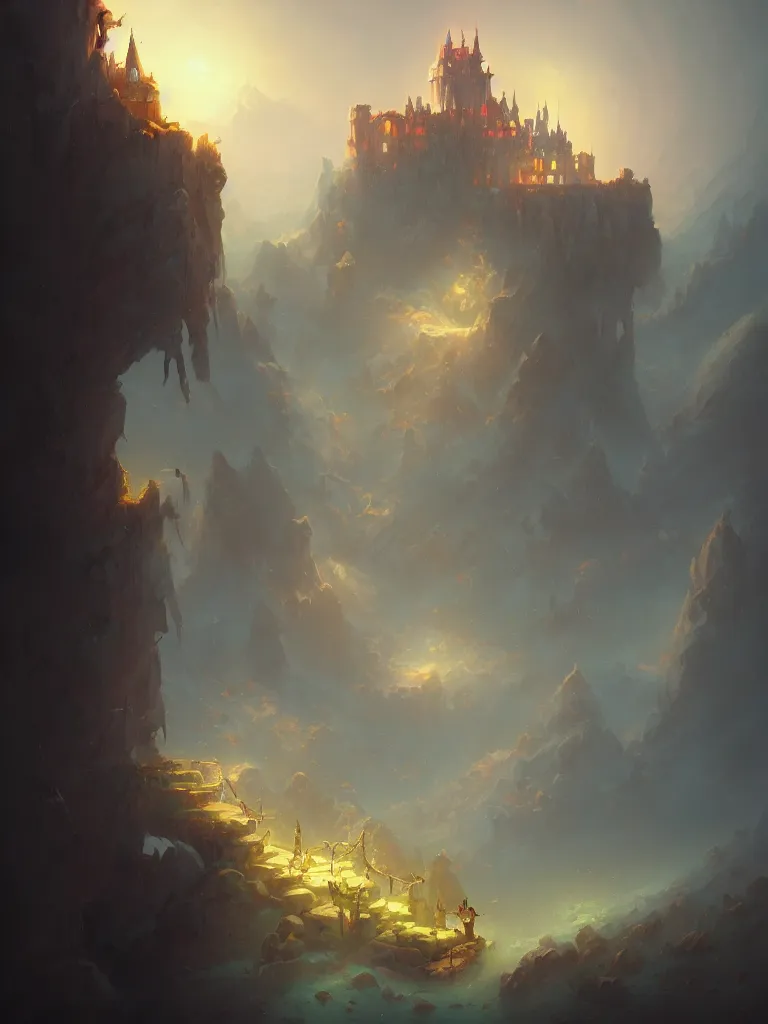 Prompt: a necromancer's magical castle on a cliff by peter mohrbacher, morning light, artstation, illustration, fantasy art