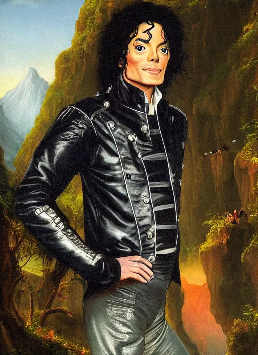 Prompt: individual portrait of michael jackson standing against a thomas cole naturalist style backdrop of mount olympus, michael jackson