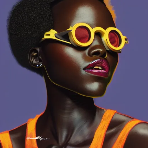 Prompt: Lupita Nyongo wearing opaque reflective goggles profile picture by Greg Rutkowski, brown skin, long afro hair, asymmetrical, futuristic, volumetric lights, cool colors, streetwear, studio ghibli, Organic Painting , Matte Painting, geometric shapes, hard edges, street art, trending on the artstation, fantasy LUT, realistic by Sachin Teng + Martin Grip + Moebius, techwear, Industrial Scifi, detailed illustration, character portrait,