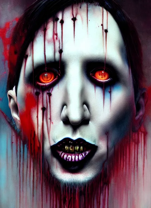 Prompt: marilyn manson painting, highly detailed, demonic eyes, cinematic, 8 k, by stanley artgerm, tom bagshaw, greg rutkowski, carne griffiths, ayami kojima, beksinski, trending on deviantart, hyper - detailed, horror, full of color,